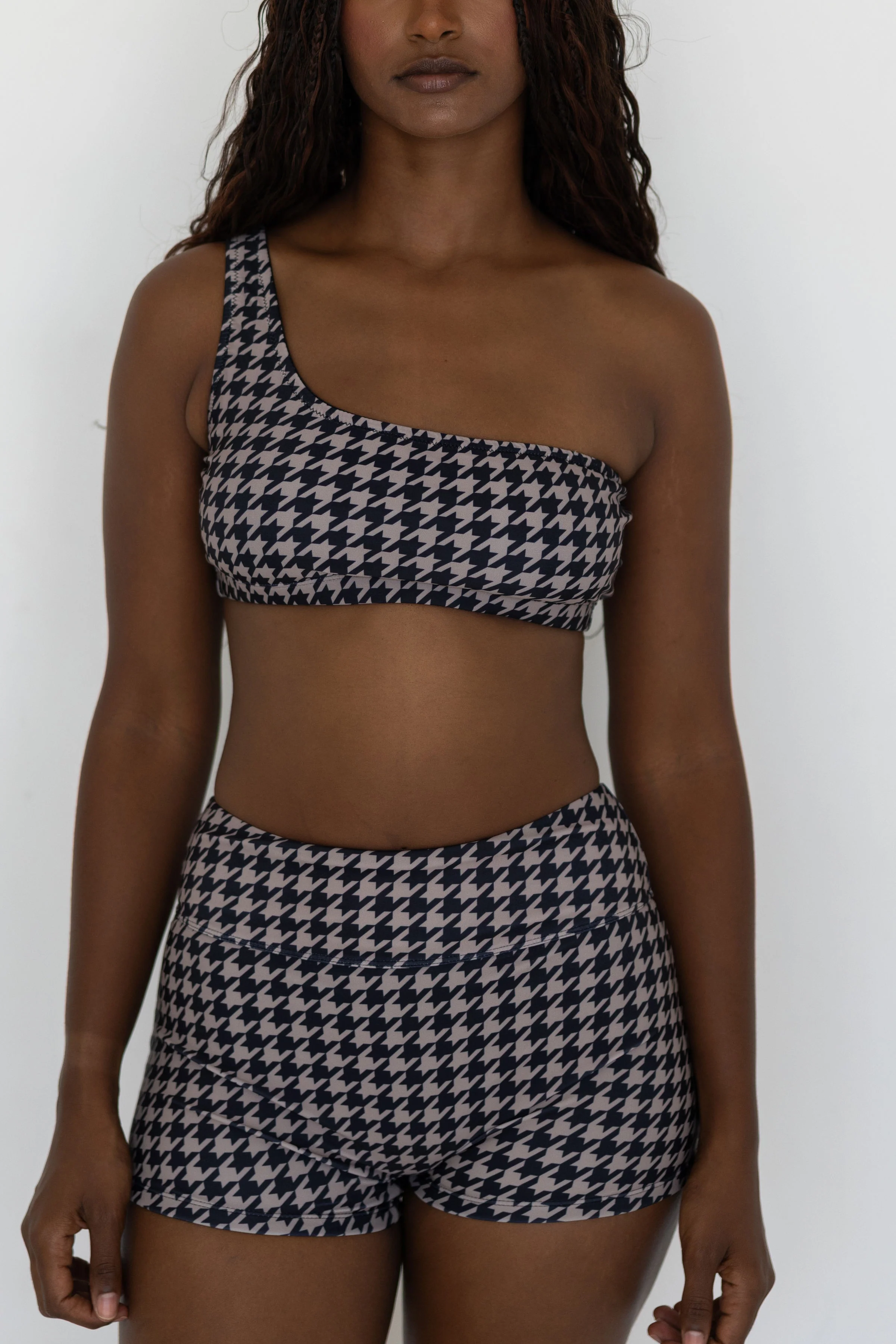 Bristol Bikini Top | Black & Cream Houndstooth Straight Neck Bikini Top