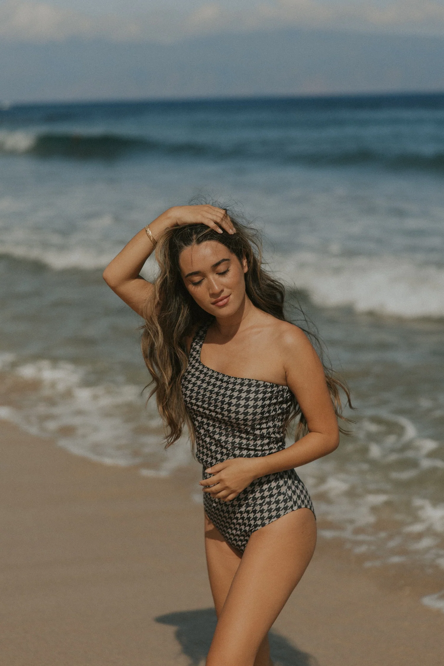 Bristol Tankini Top | One Shoulder Houndstooth Straight Neck Swim Top 4 Bristol Tankini Top | One Shoulder Houndstooth Straight Neck Swim Top