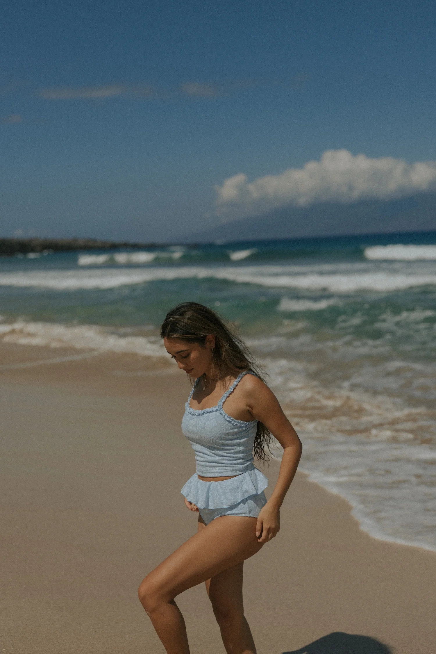Azure Top | Textured Light Blue Scoop Neck Ruffle Tankini Top