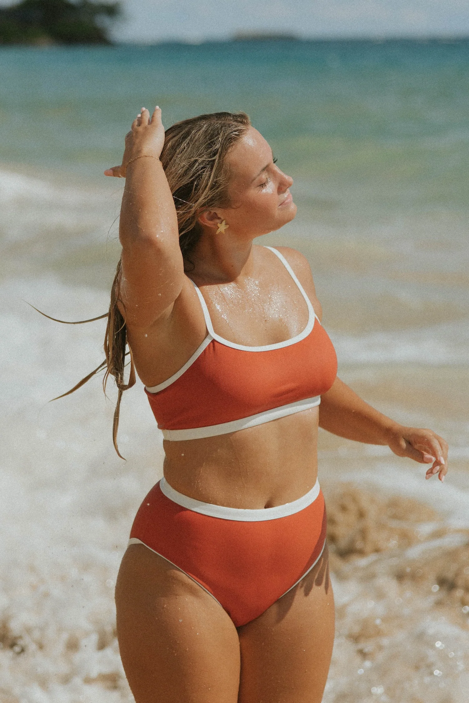 Coral High Waisted Bottoms | Ribbed Swim Bottoms with White Trim 1 Coral High Waisted Bottoms | Ribbed Swim Bottoms with White Trim