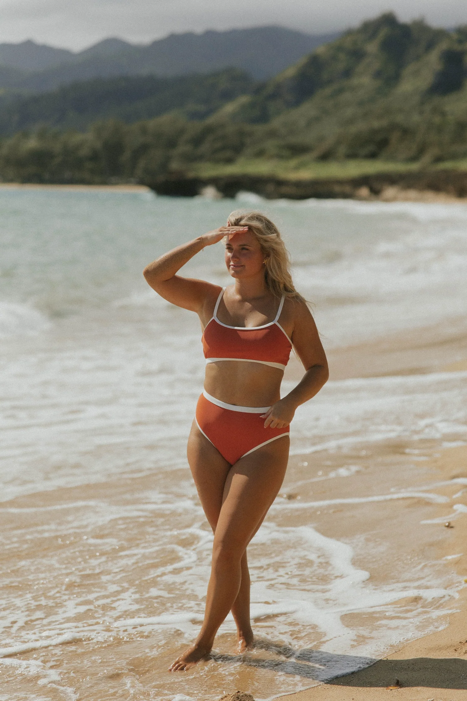 Coral High Waisted Bottoms | Ribbed Swim Bottoms with White Trim 7 Coral High Waisted Bottoms | Ribbed Swim Bottoms with White Trim