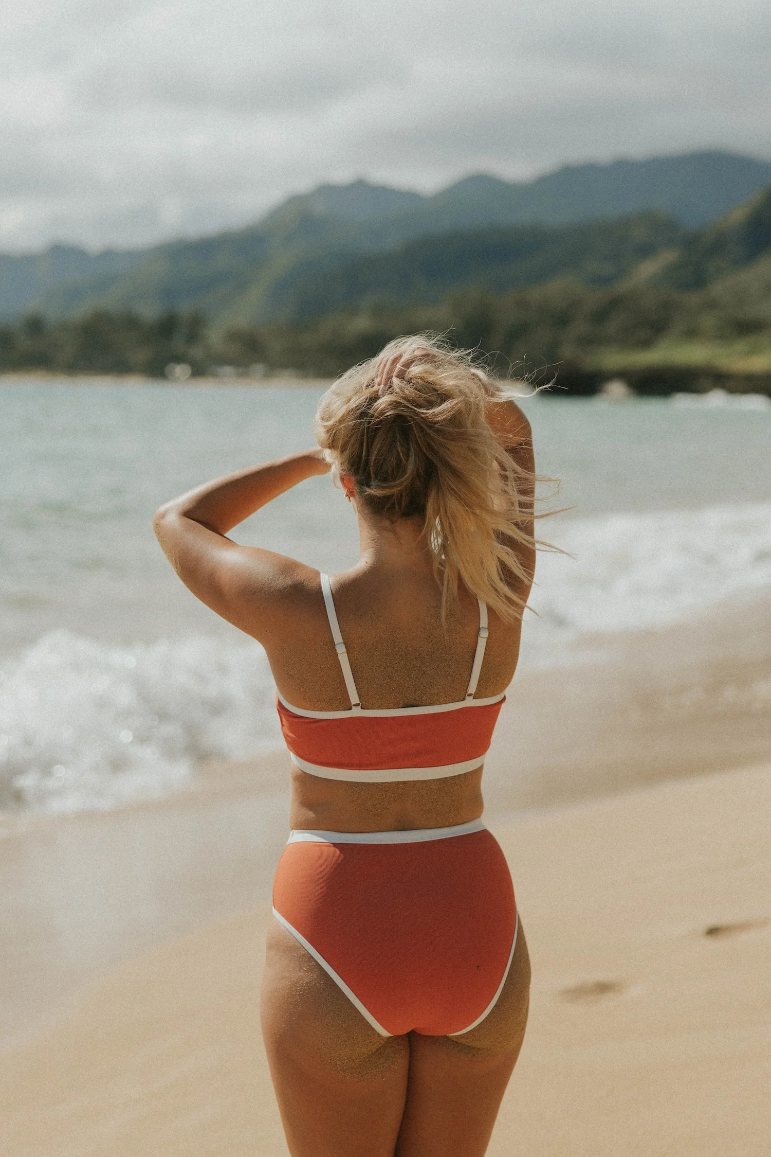 Coral High Waisted Bottoms | Ribbed Swim Bottoms with White Trim 8 Coral High Waisted Bottoms | Ribbed Swim Bottoms with White Trim