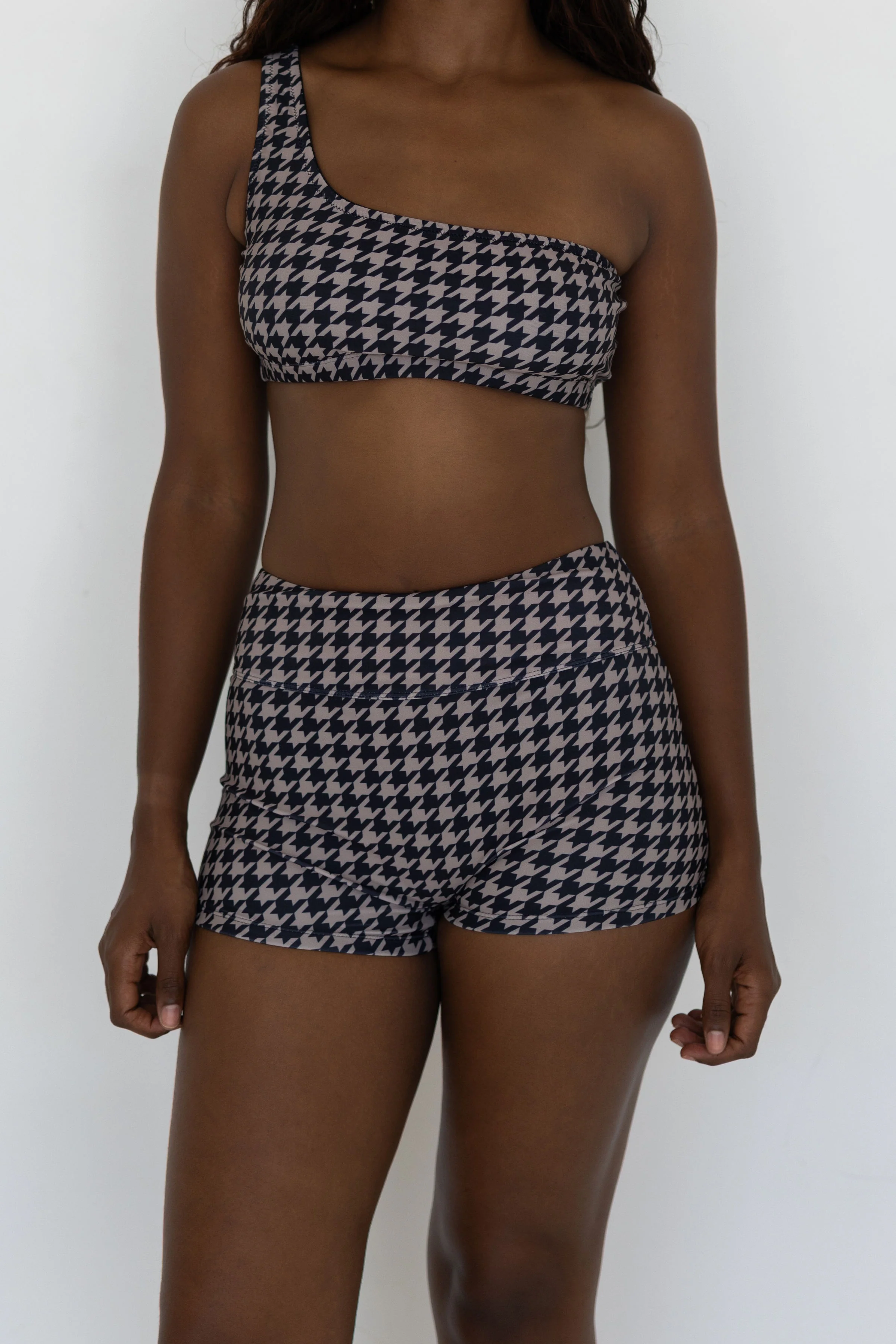 Bristol High Waisted Swim Shorts | Black & Cream Houndstooth Full Coverage Swim Shorts