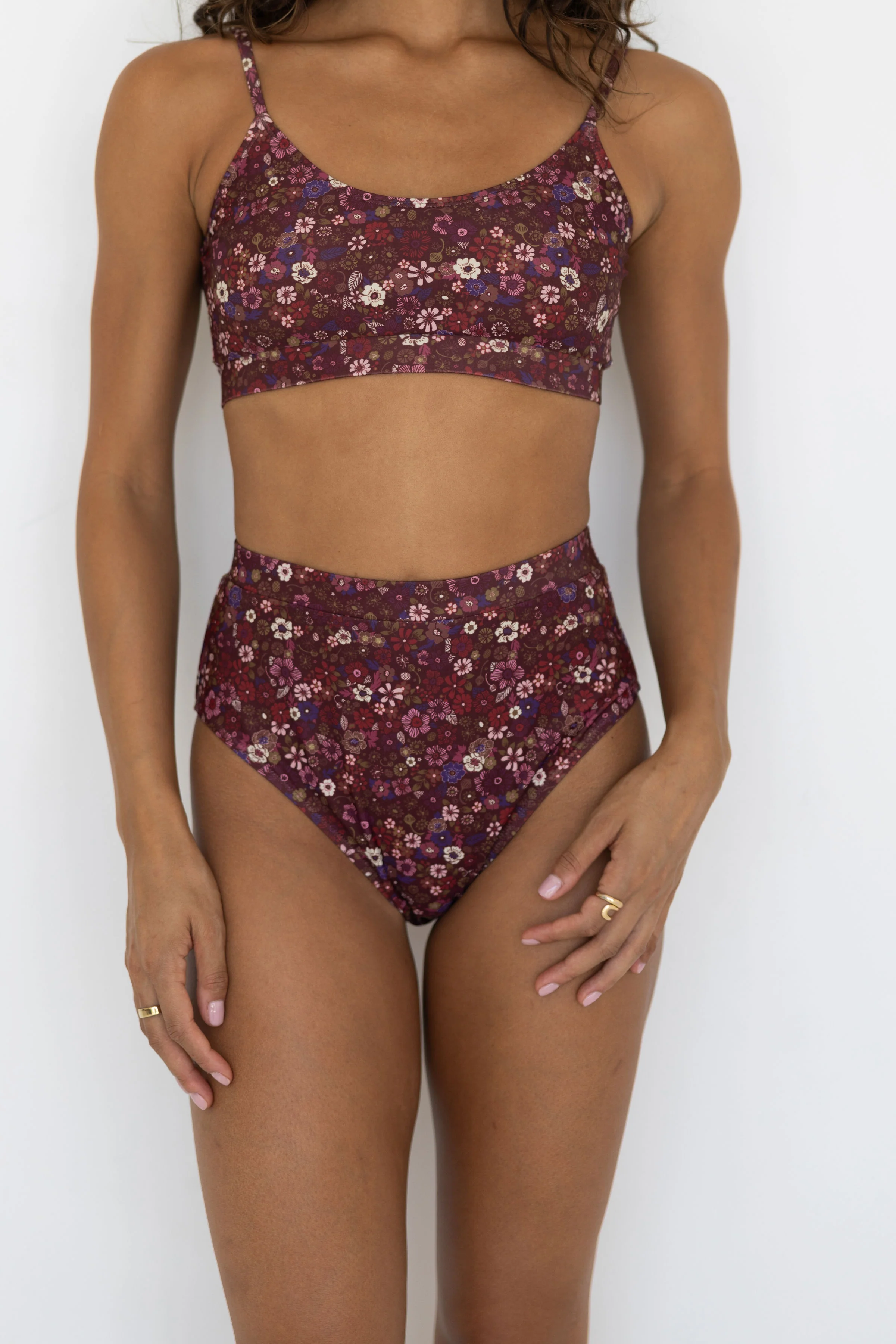 Charlotte High Waisted Bottoms | Maroon Ditsy Floral Swim Bottoms